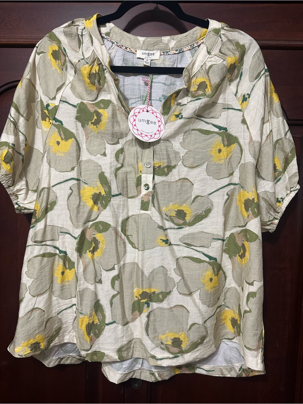 Umgee Floral Short-Sleeve Popover Top in Yellow and Olive